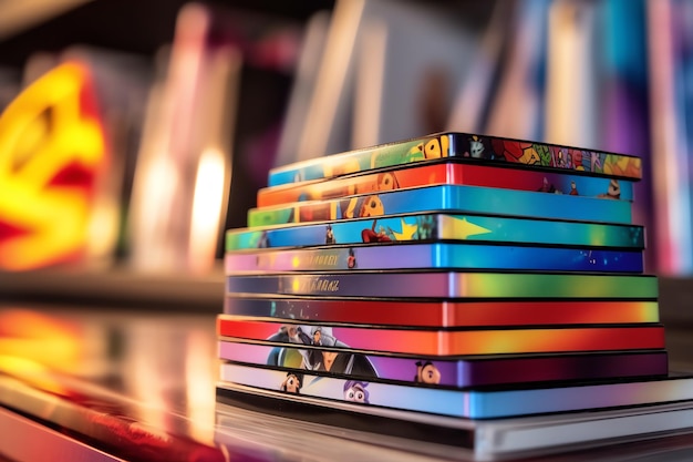 A stack of cartoon DVDs bright