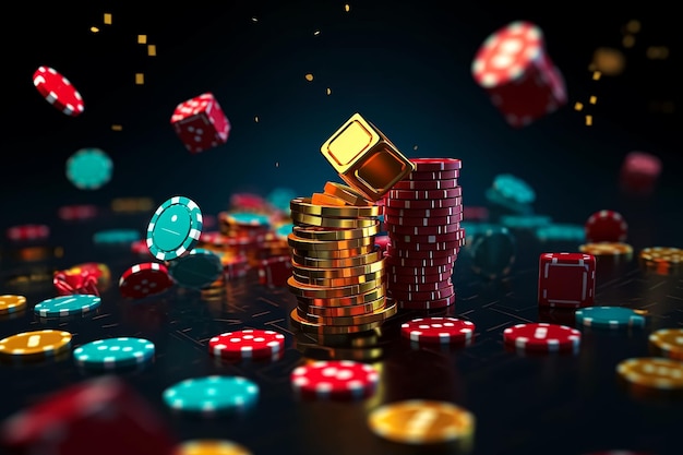 A stack of casino chips and a gold chip is on a black background.