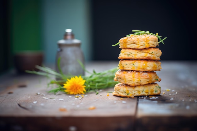 Stack of cheese scones on rustic wood