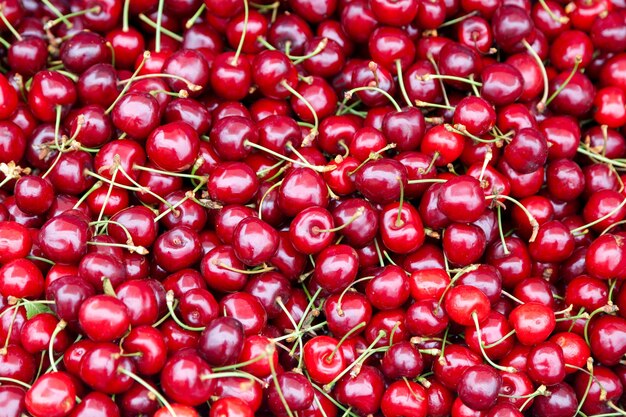 Stack of cherries on market stall