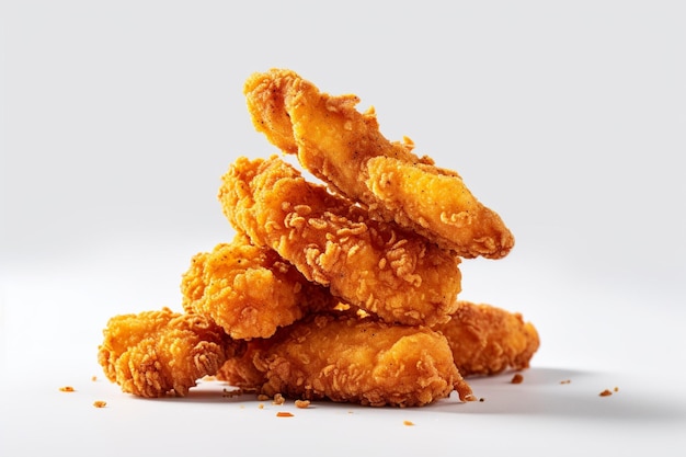 A stack of chicken nuggets sits on a table.