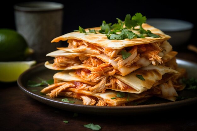 A stack of chicken quesadillas on a plate