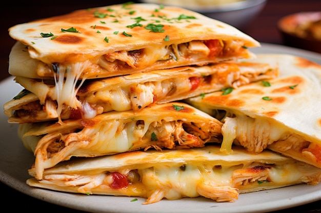 A stack of chicken quesadillas on a plate