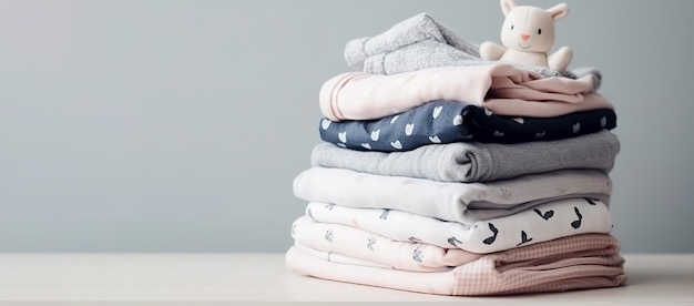 A stack of children's things neatly folded closeup on a light background with a place for text