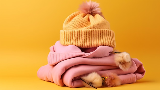 Photo stack of childrens warm clothes and hat on yellow background