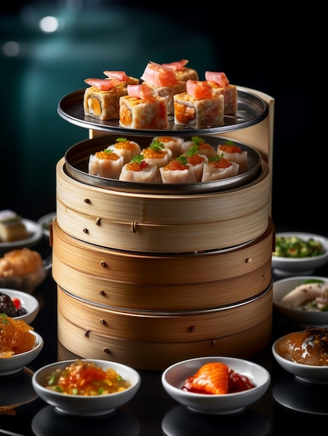 A stack of chinese food on a table with plates of food on it.
