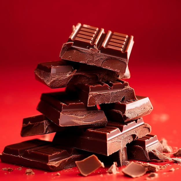 A stack of chocolate bars is on a red background.