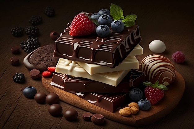 A stack of chocolate bars with berries on top of it.