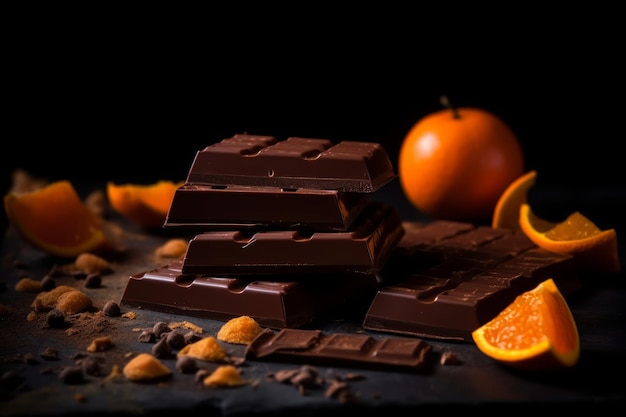 A stack of chocolate bars with oranges and oranges on a black background.