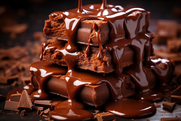 Foto una pila di barrette di cioccolato con lo sciroppo di cioccolate