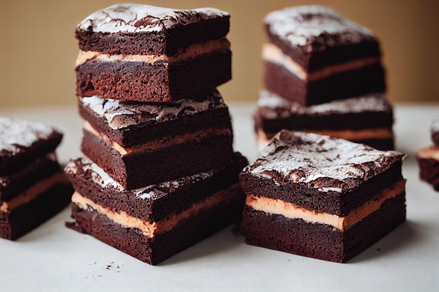 A stack of chocolate brownies homemade cakes and dessert The concept of a bakery pastry shop Selective focus