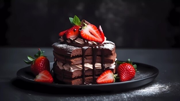 A stack of chocolate cake with strawberries on top