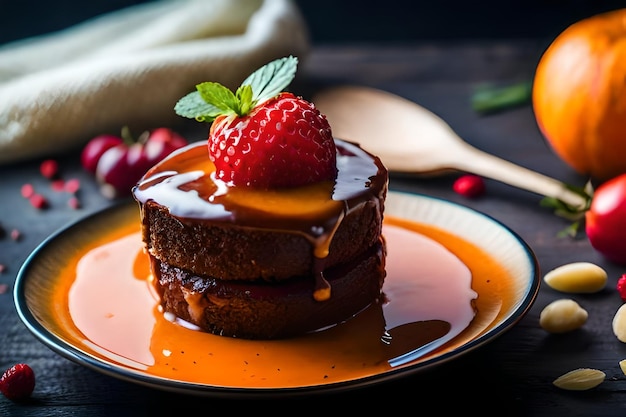 a stack of chocolate cake with a strawberry on top.