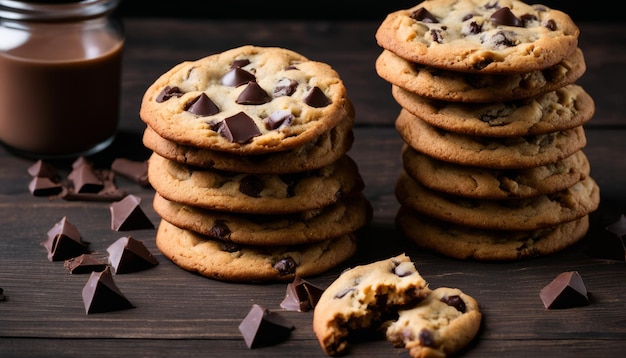 A stack of chocolate chip cookies on a table