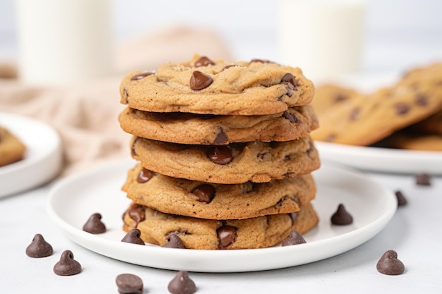 Stack of chocolate chip cookies on a white plate