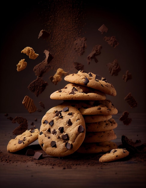 A stack of chocolate chip cookies with chocolate chips scattered around