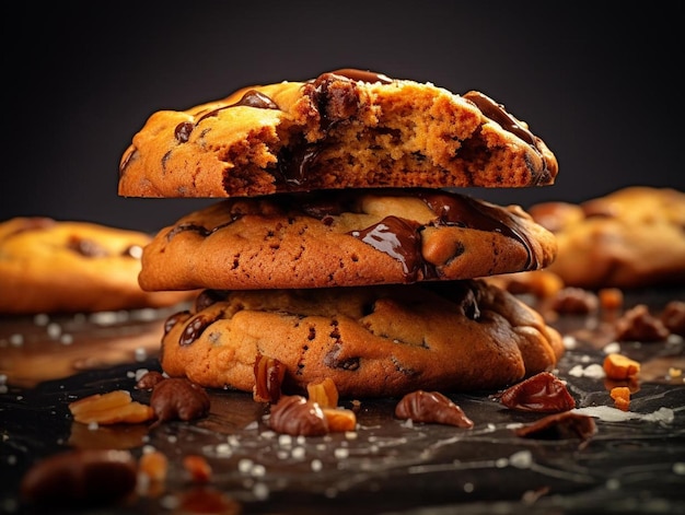 a stack of chocolate chip cookies with chocolate chips on top.