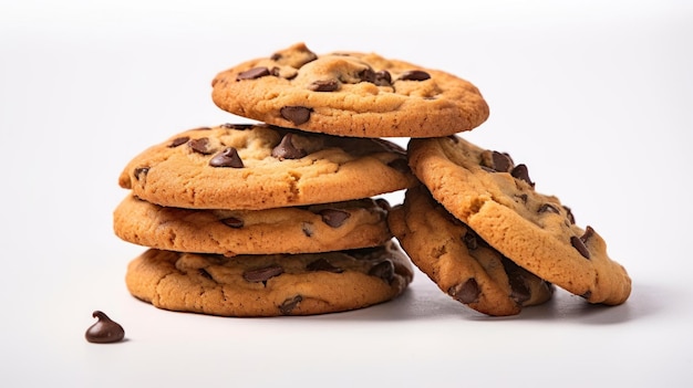 a stack of chocolate chip cookies with chocolate chips on top.