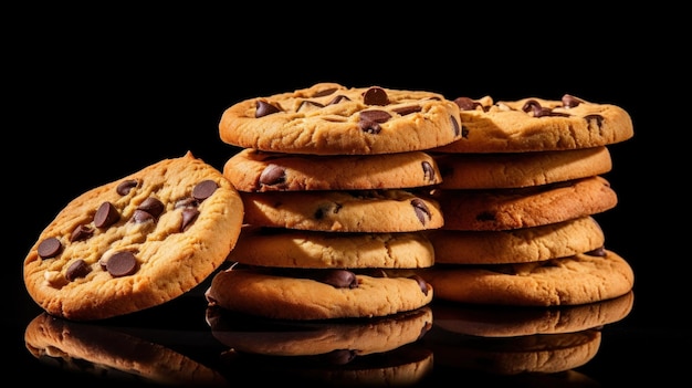 a stack of chocolate chip cookies with chocolate chips on the top.