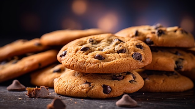 A stack of chocolate chip cookies with chocolate chips on a wooden table