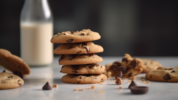 チョコレートチップクッキーのスタックとその後ろにミルクが入ったもの