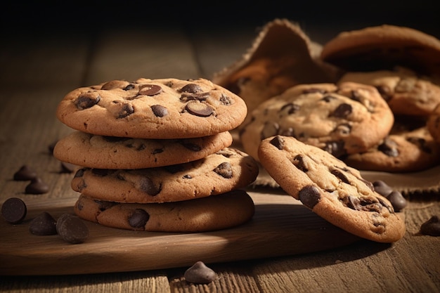 A stack of chocolate chip cookies on a wooden board