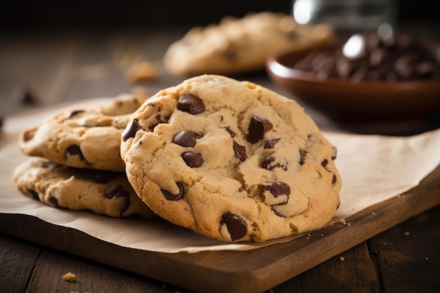 A stack of chocolate chip cookies on a wooden board