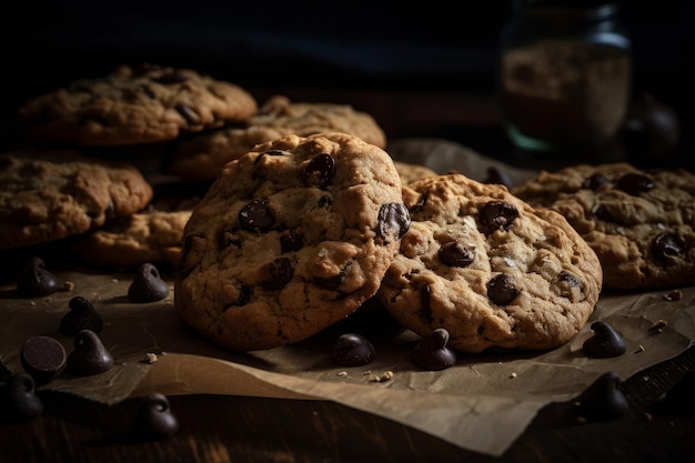 A stack of chocolate chip cookies on a wooden table