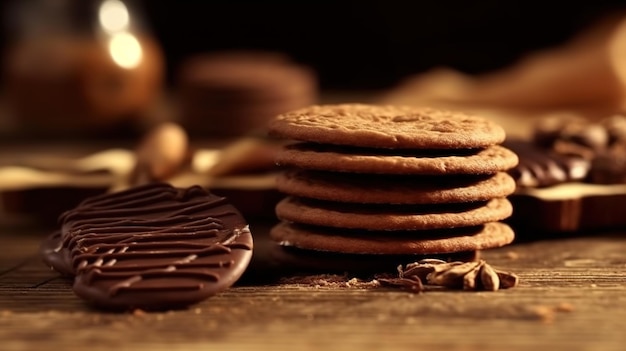 A stack of chocolate cookies with a chocolate bar in the background