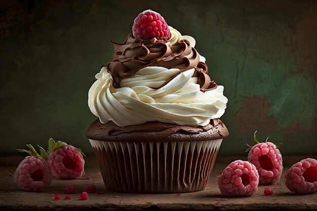 A stack of chocolate cupcakes with a dollop of whipped cream and a raspberry on top created with gen