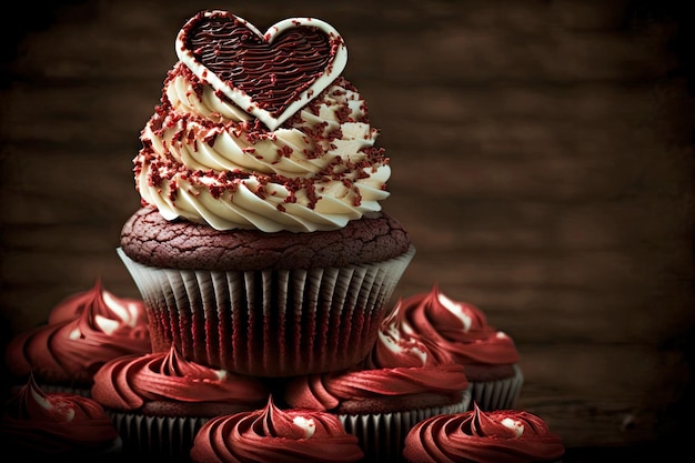 A stack of chocolate cupcakes with a heartshaped red velvet cake in the center created with generati