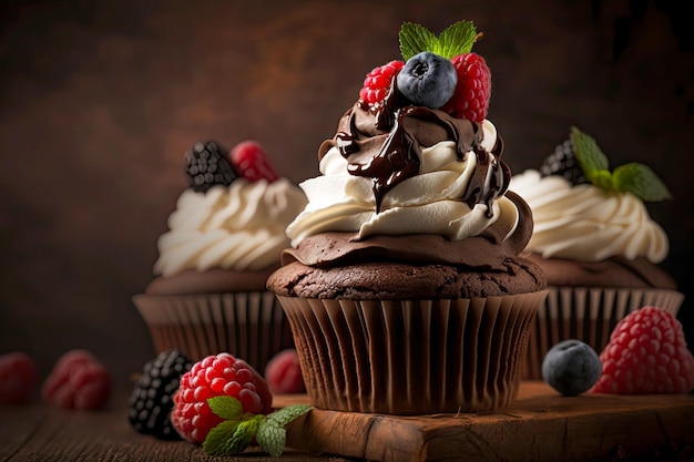 A stack of chocolate cupcakes with whipped cream and berries on top ready to be eaten created with g