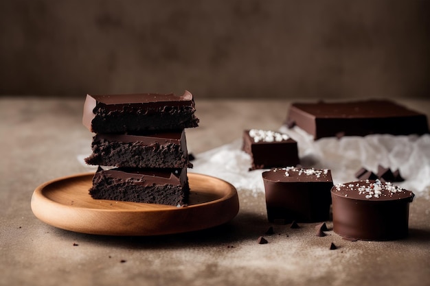A stack of chocolate fudge bars on a wooden plate.