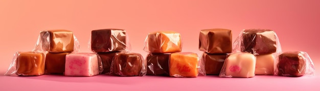A stack of chocolate fudges with a pink background