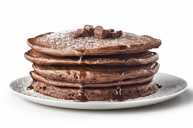 A stack of chocolate pancakes with chocolate syrup on top.