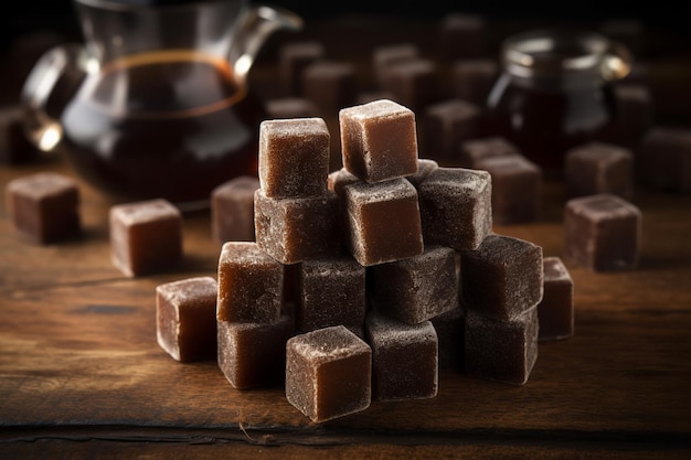 A stack of chocolate squares with a teapot in the background