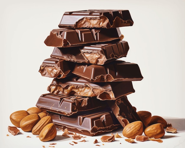 A stack of chocolates with nuts on top of them.