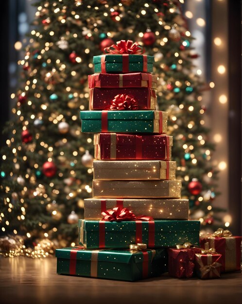 Столб рождественских подарочных ящиков на фоне рождественской елки