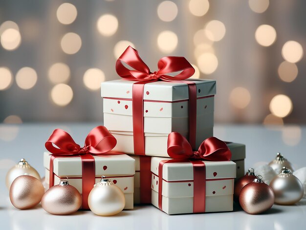 a stack of christmas presents with a red ribbon tied around the top.