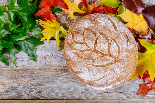 Stack of ciabatta bread loaves in with autumn maple leaf