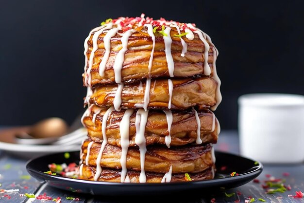 Photo a stack of cinnamon rolls drizzled with icing and topped with sprinkles created with generative ai