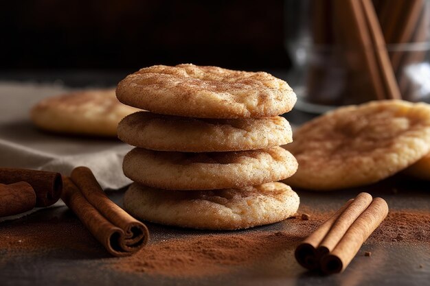 A stack of cinnamon sugar cookies with cinnamon sticks on a table.