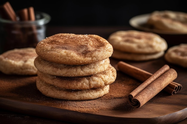 Photo stack of cinnamon sugar cookies on a wooden board with cinnamon sticks on the side.