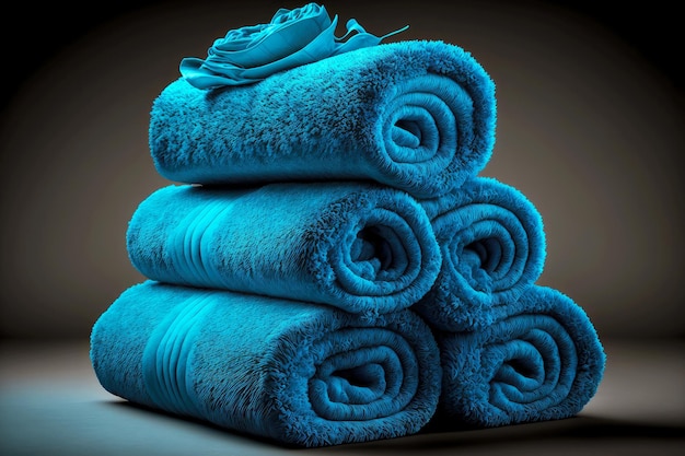 Stack clean bath towels of beaful blue shade for use created with generative ai