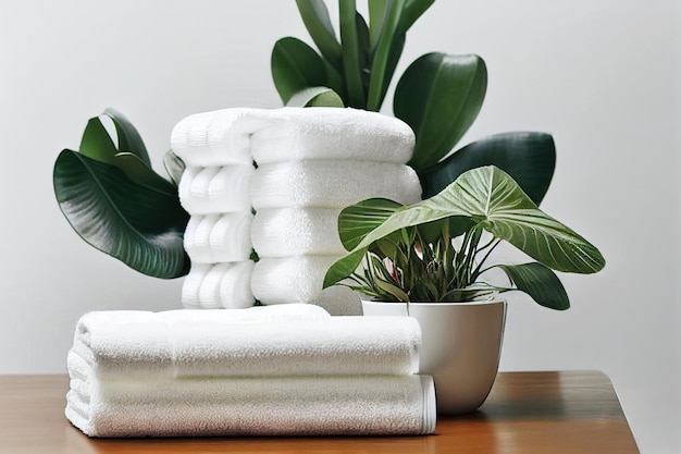 Stack clean bath towels beautifully and neatly folded in bathroom