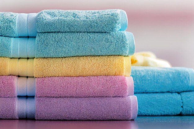 Stack clean bath towels in bright shades prepared for showering