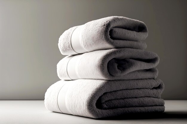 Stack of clean bath towels lie in bathroom of comfortable hotel