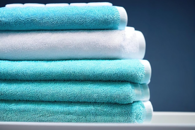Stack clean bath towels lie flat on wooden shelf