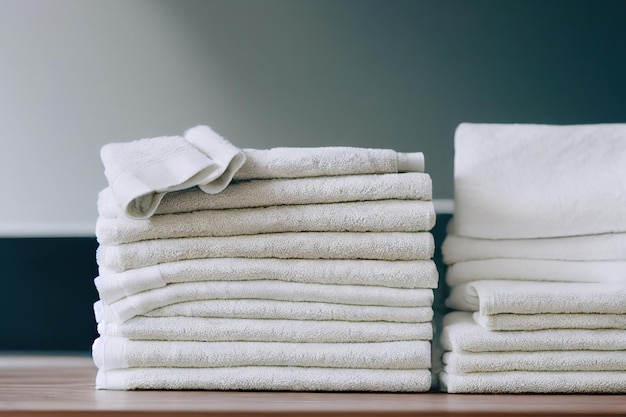 Stack clean bath towels made of delicate textiles lie on shelf