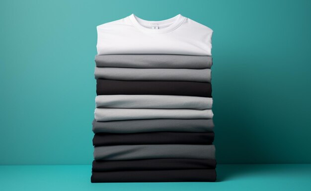 Photo stack of clean clothes isolated on blue background